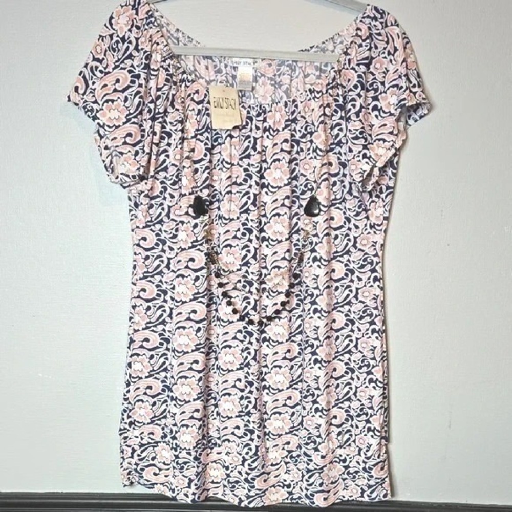 Emily Stacy Print Peasant Top With Built In Necklace Multicolor Boho 3X New
